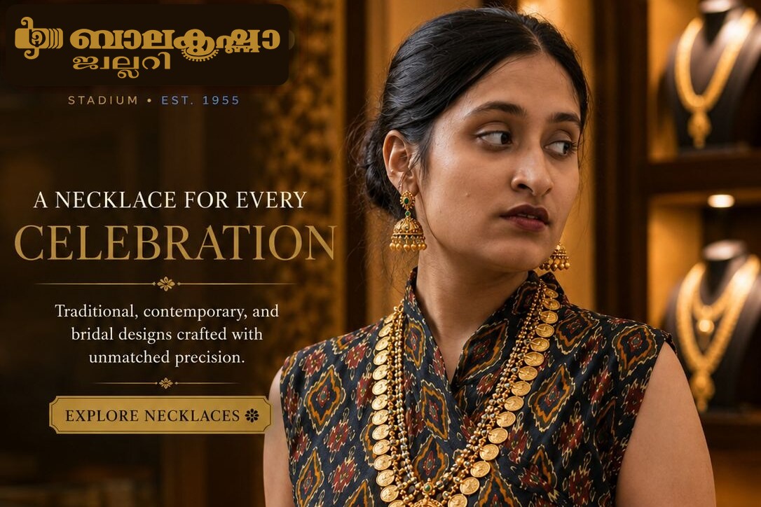 A necklace for every celebration — traditional, contemporary and bridal designs at Balakrishna Jewellery, Stadium, Palakkad. Explore the necklaces.