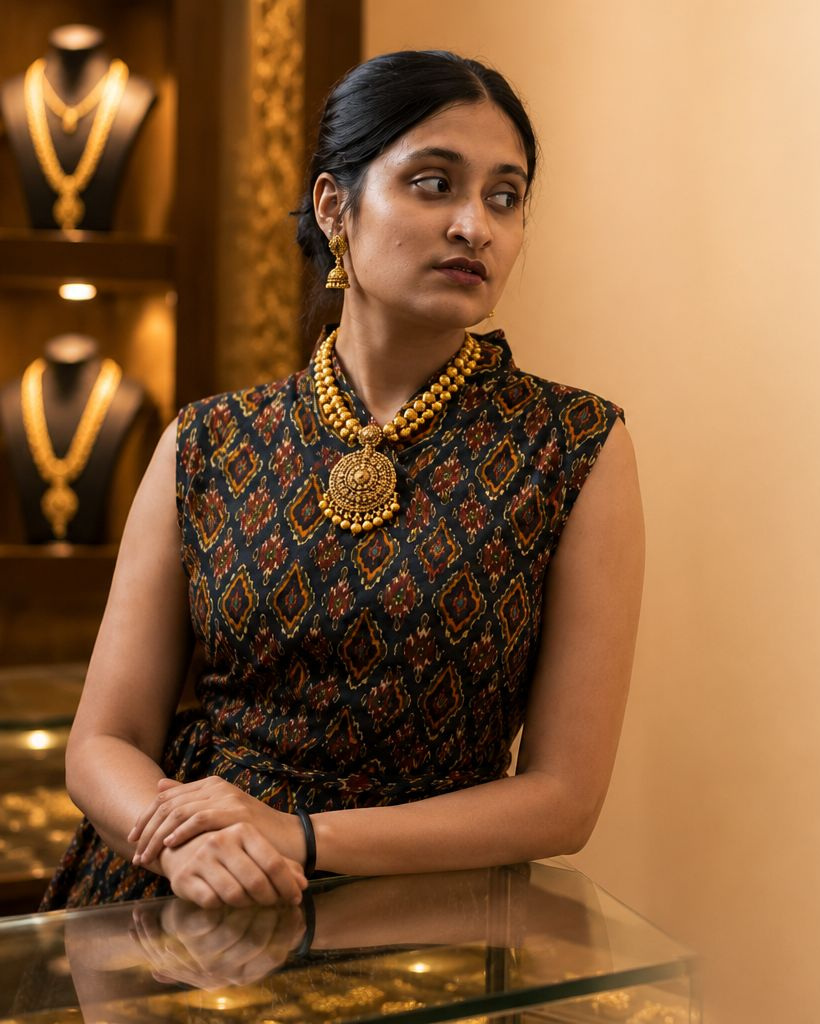 A customer at the glass counter at Balakrishna · Stadium, wearing a temple pendant necklace and jhimki