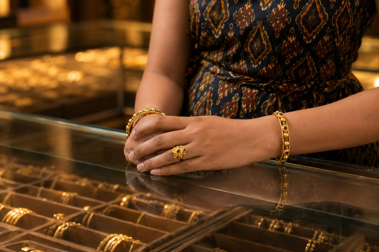 Stone-set gold bangles and a floral ring, worn at the glass counter at Balakrishna · Stadium