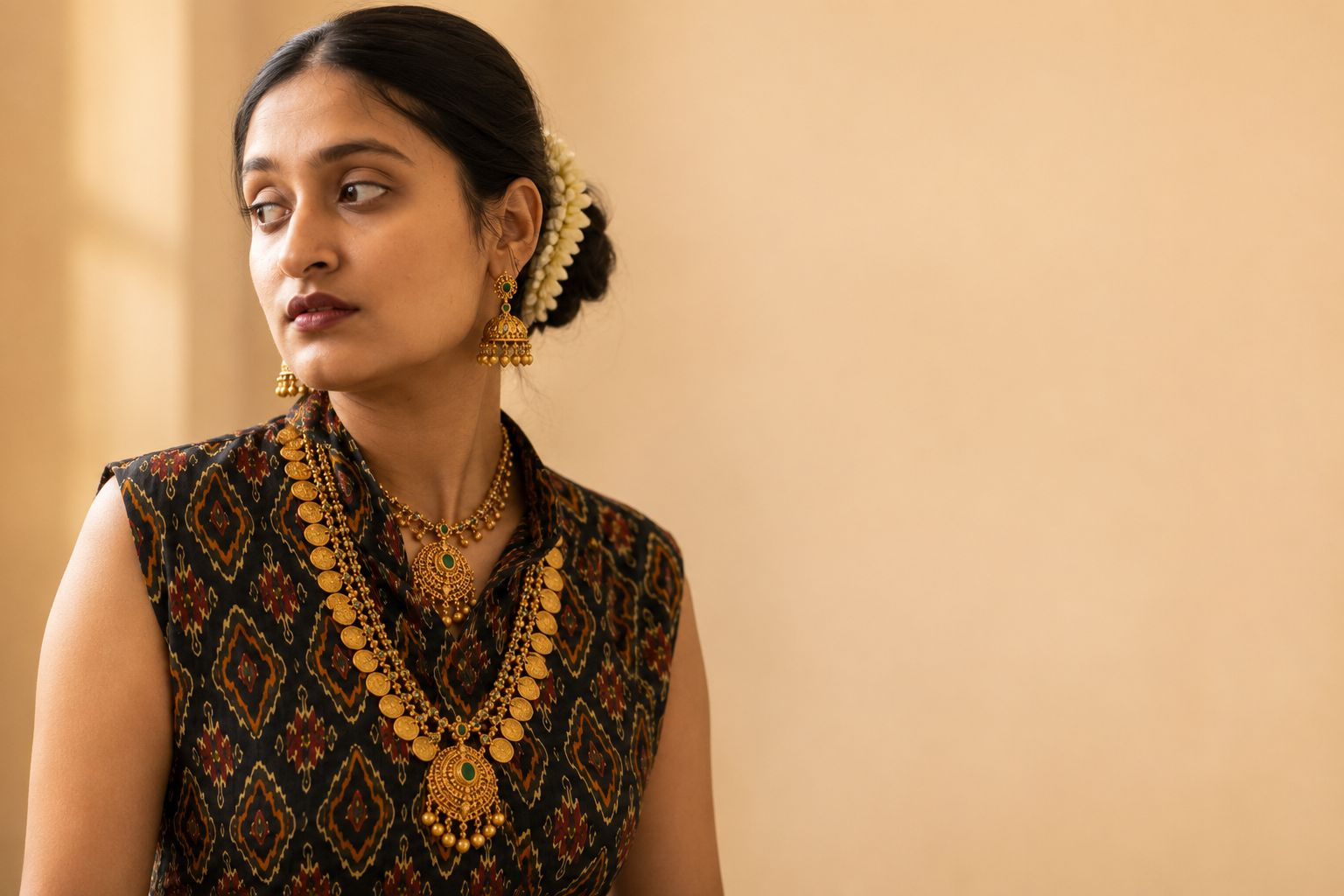 Thejaswini wearing a temple jhimki, kemp choker and kasumala — Balakrishna Jewellery, Stadium, Palakkad