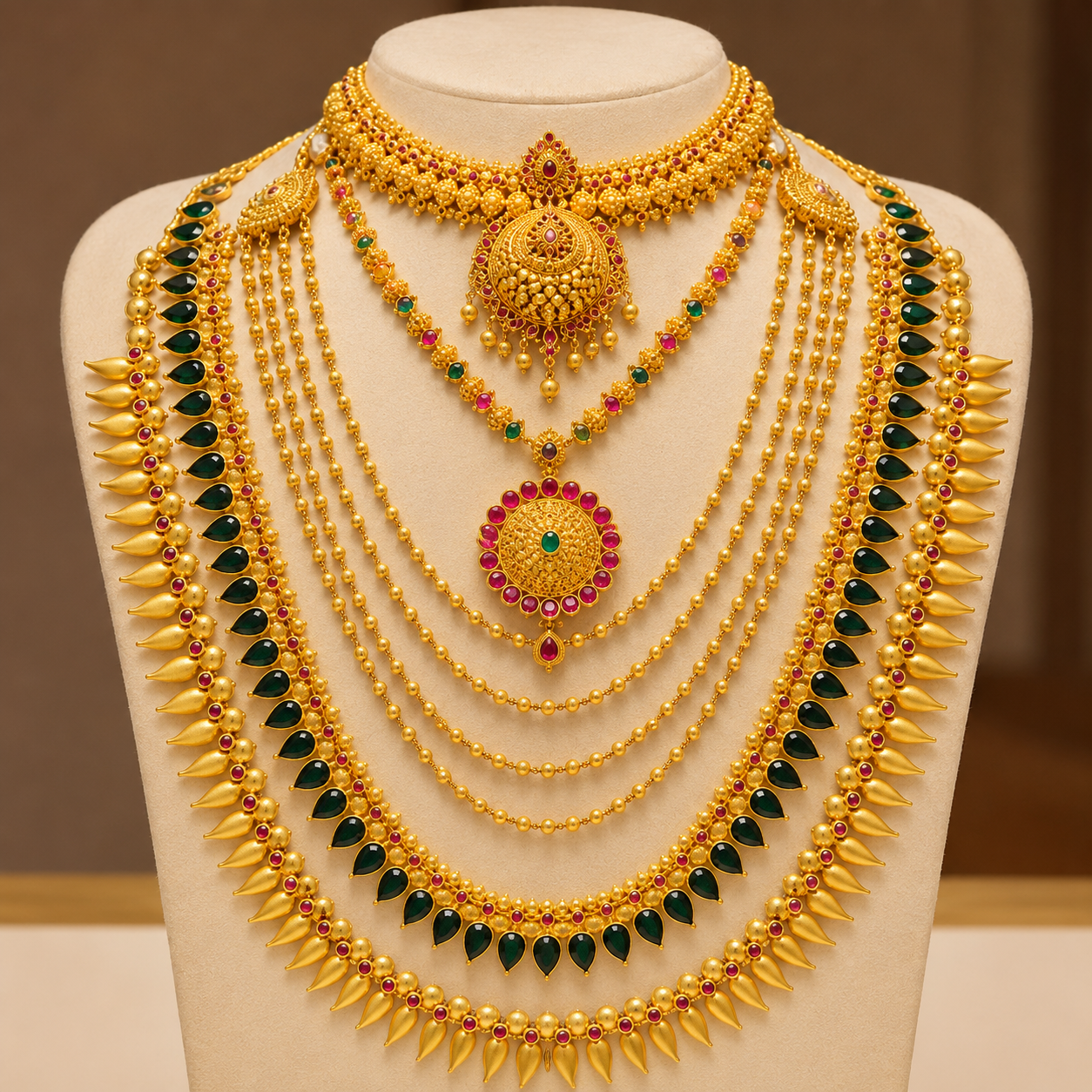A full Kerala bridal set — the pieces worn at the muhurtam
