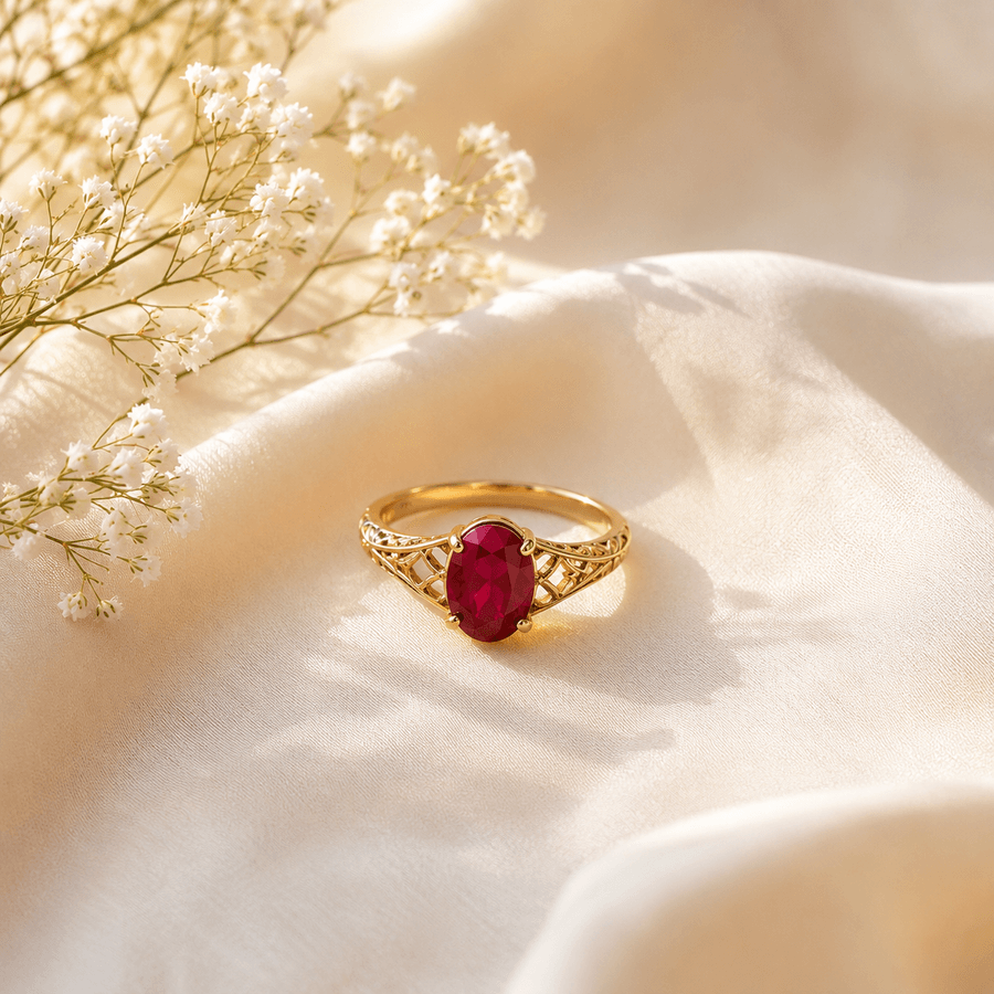 A gold ring set with an oval ruby, resting on cream fabric beside baby’s breath — a birthstone piece