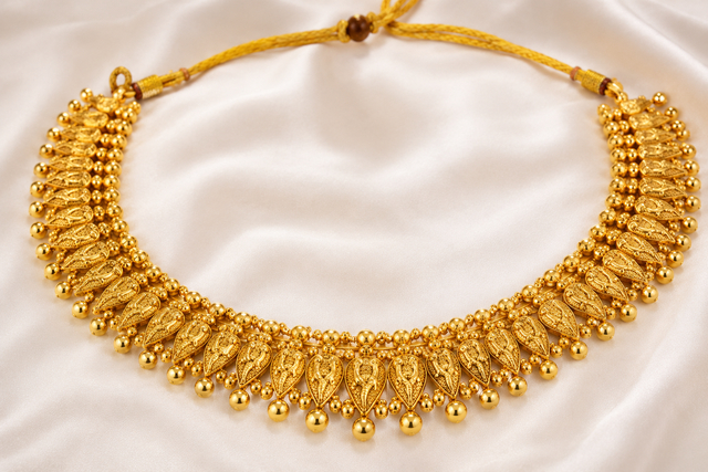 An illustration of a nagapadam thali — the hooded-pendant temple necklace with gold-bead drops